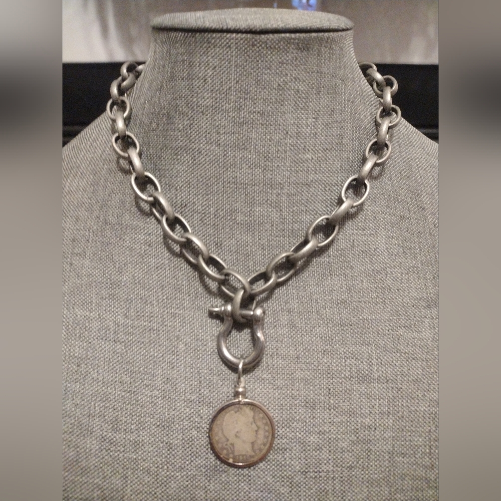 Real Silver US Barber Half Dollar Coin in Bezel Pendant on Silver Tone Chain